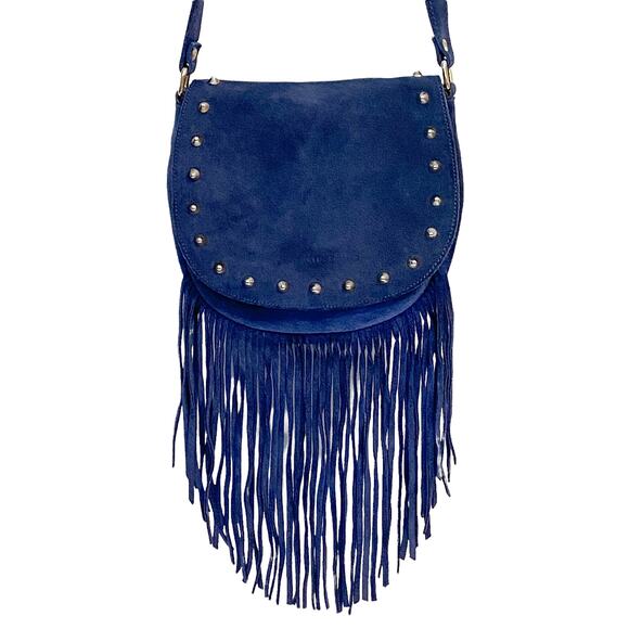 Prune Blue Suede Studded Fringe Cross Body Bag